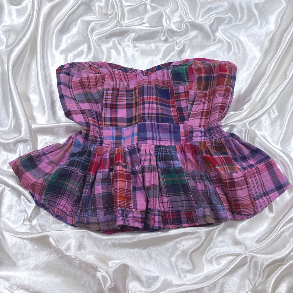 y2k Tube Top Pink Excellent Free People Patchwork Plaid Peplum Smocked XS